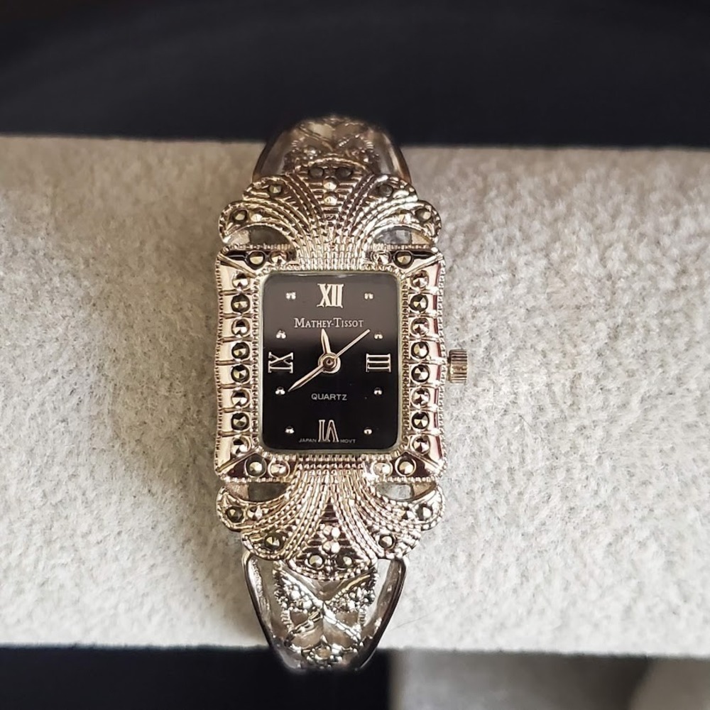 Mathey-Tissot Art Deco Marcasite Filigree Silver Tone Watch Black Dial Running - Picture 8 of 10